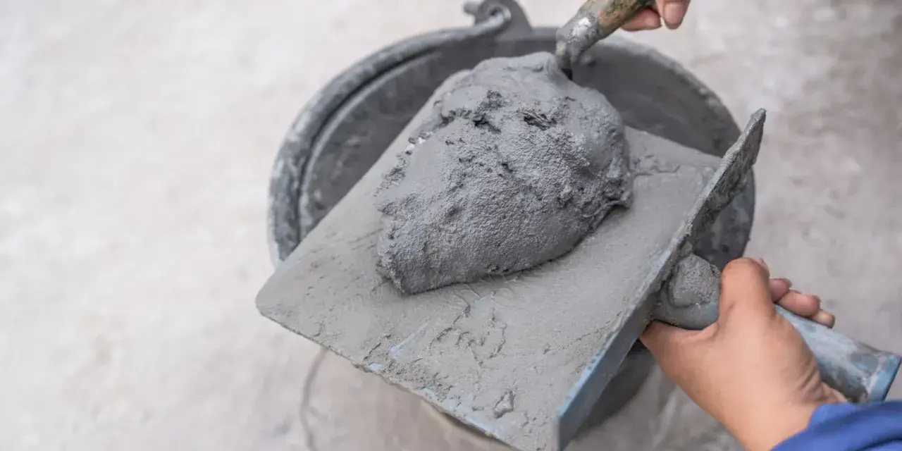 Manos mezclando cemento fresco con una paleta, listo para construir. Aprende como hacer cemento.