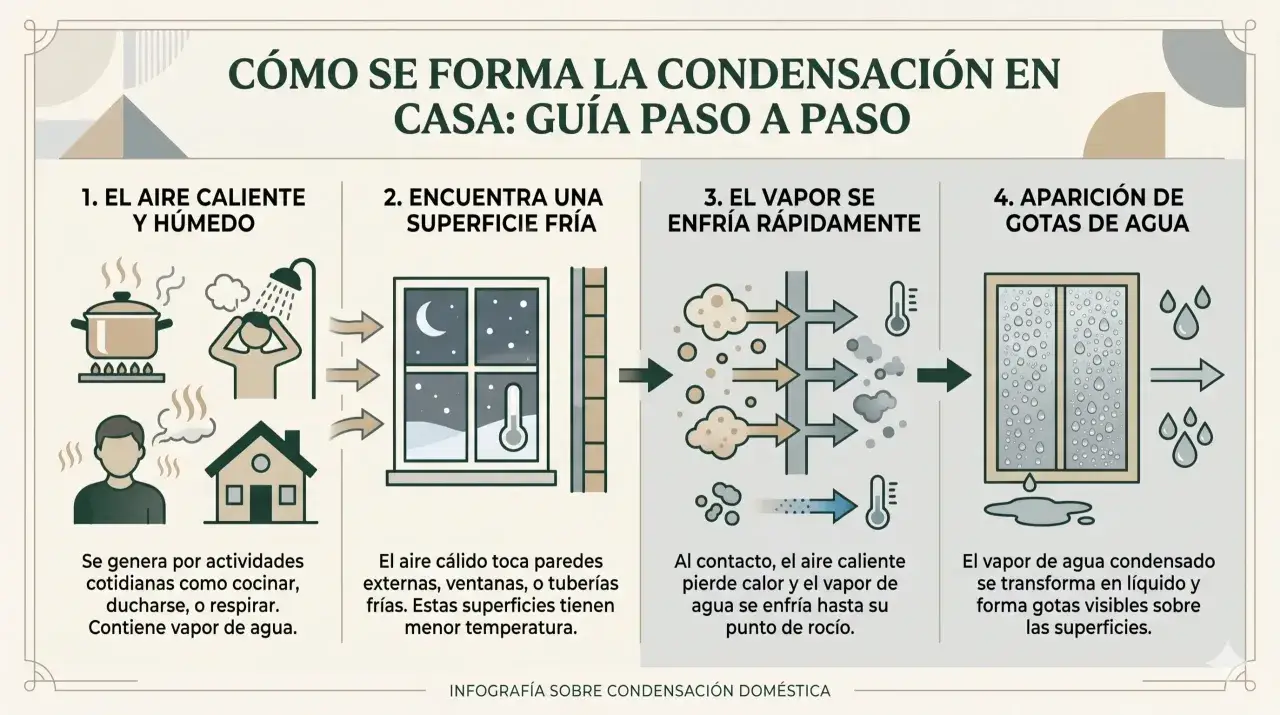 Infografía explica cómo la **humedad en casa** se forma: aire caliente y húmedo choca con superficies frías, el vapor se enfría y aparecen gotas de agua.