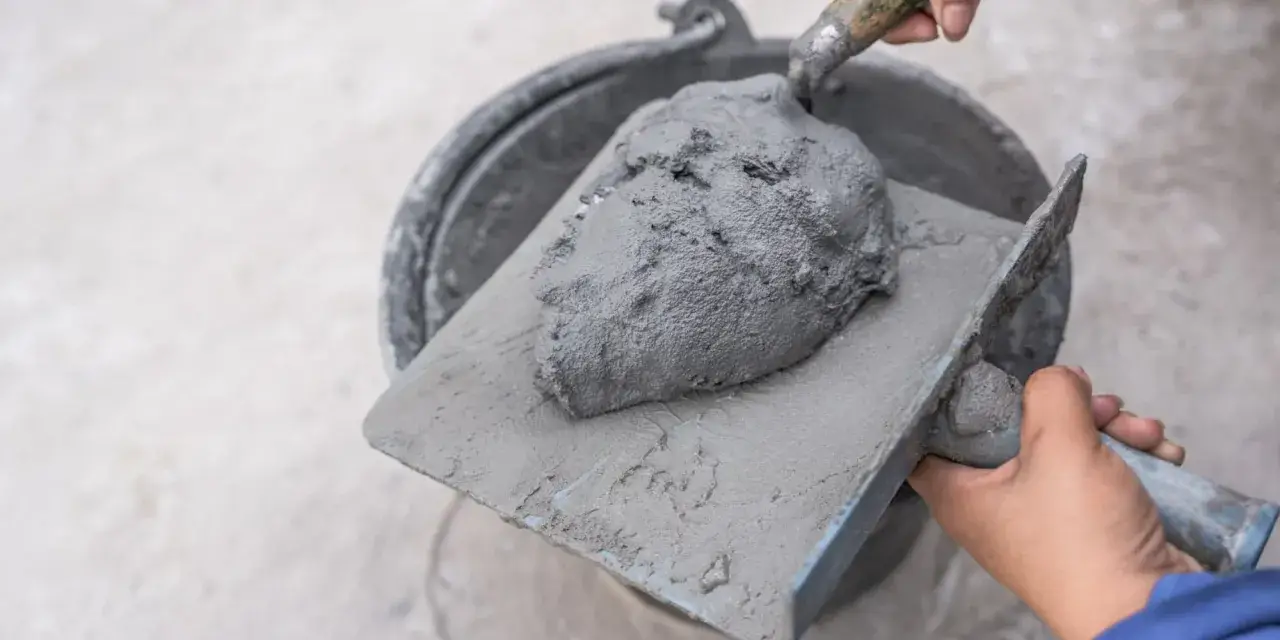 Manos mezclando cemento fresco con una paleta, listo para construir. Aprende como hacer cemento.