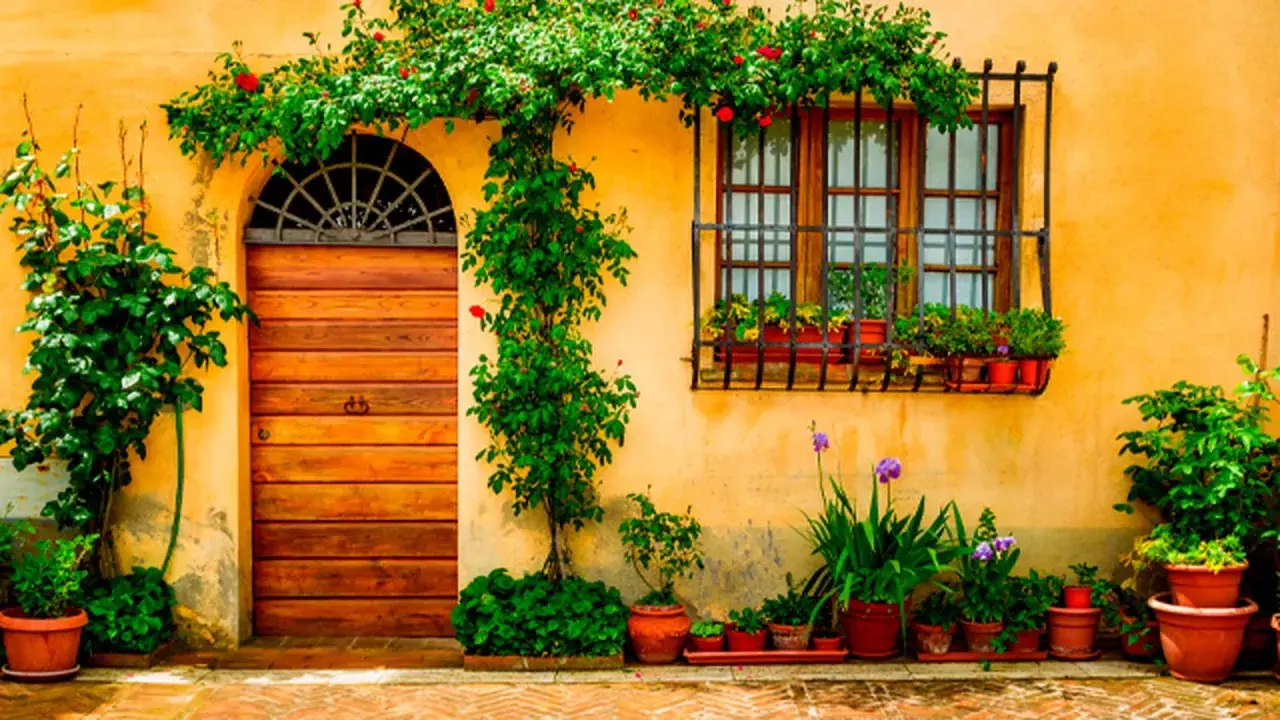 Fachadas de casas con puerta de madera y ventana adornada con flores. Enredaderas verdes y rojas cubren parte de la pared amarilla.