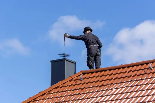 Profesional limpiando tiro chimenea de obra con cepillo. Cielo azul y tejado naranja.