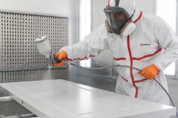 Profesional aplicando pintura blanca a una puerta con pistola pulverizadora. Aprende como lacar puertas en blanco para un acabado perfecto.
