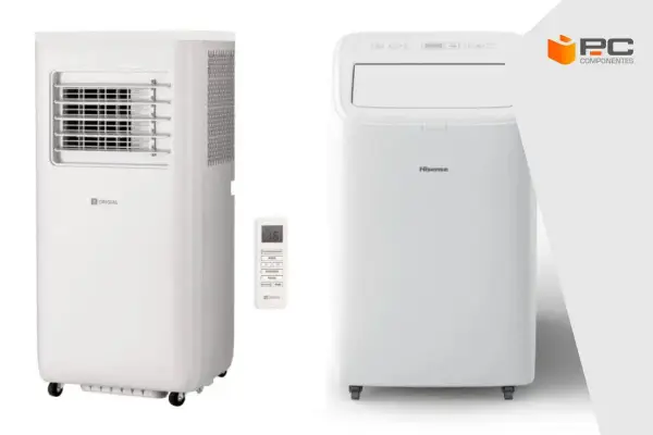 Dos aires acondicionados portátiles blancos, uno de la marca "ORIGINAL" con rejilla frontal y otro "Hisense", junto a un mando a distancia.