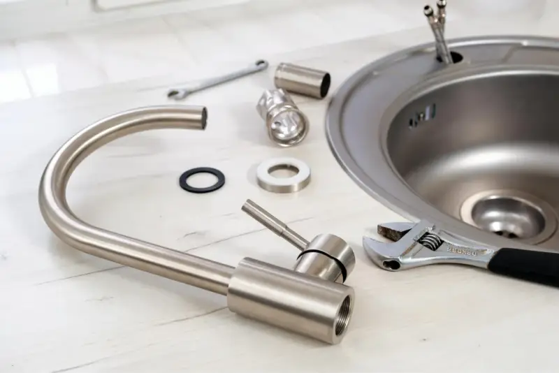 Partes de un fregadero y herramientas listas para su instalación. Llave inglesa, grifo desmontado y el propio fregadero de acero inoxidable.
