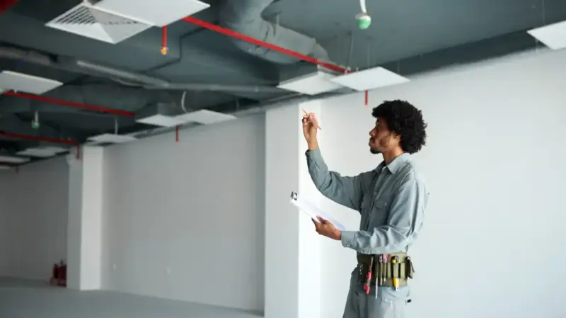 Técnico revisa instalaciones en un local vacío, asegurando el cumplimiento de la normativa trasteros en garajes.